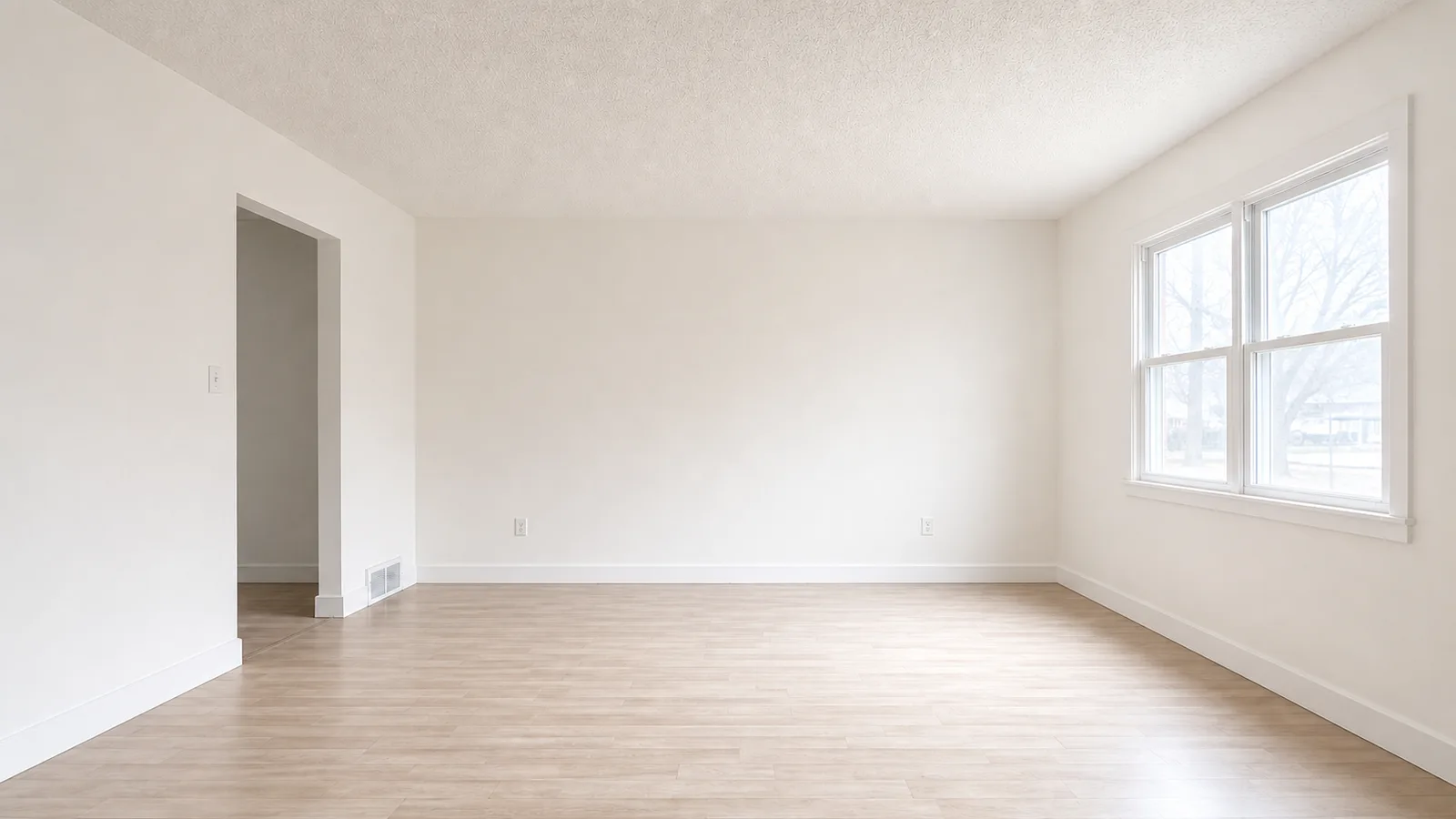 The same living room after painting: clean warm-white walls and crisp white trim.