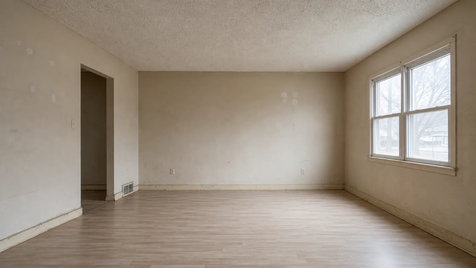 A living room before painting: faded, patchy beige walls and scuffed baseboards.