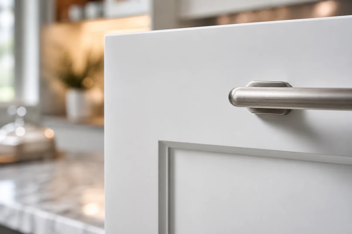 Close-up of freshly sprayed satin white kitchen cabinets.