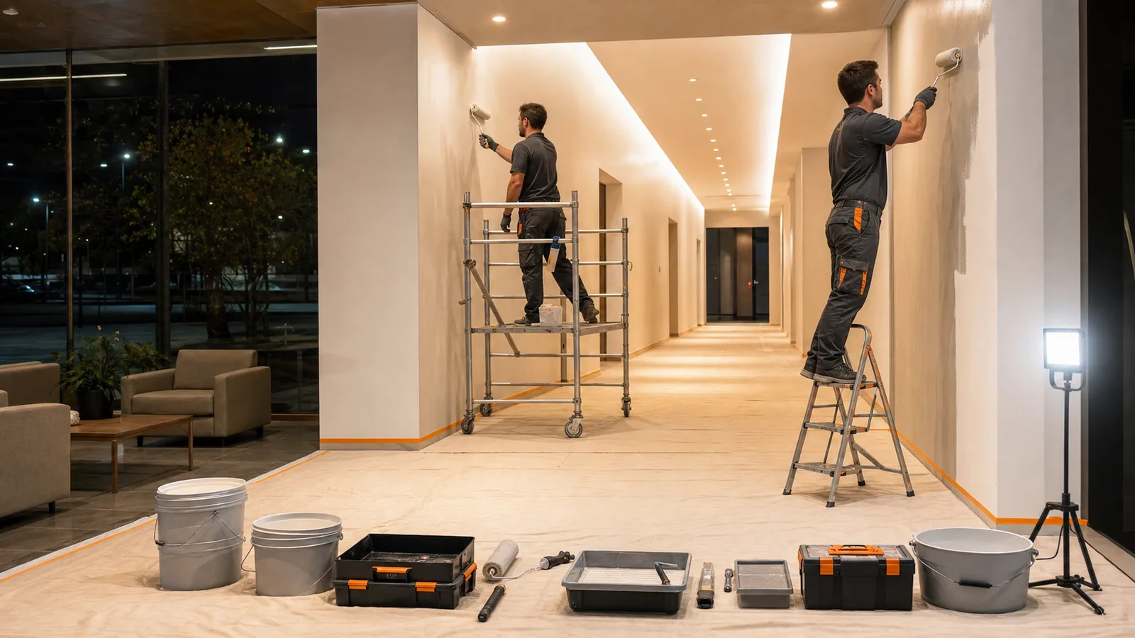 A Pro Finish Coatings crew painting a commercial lobby after business hours.