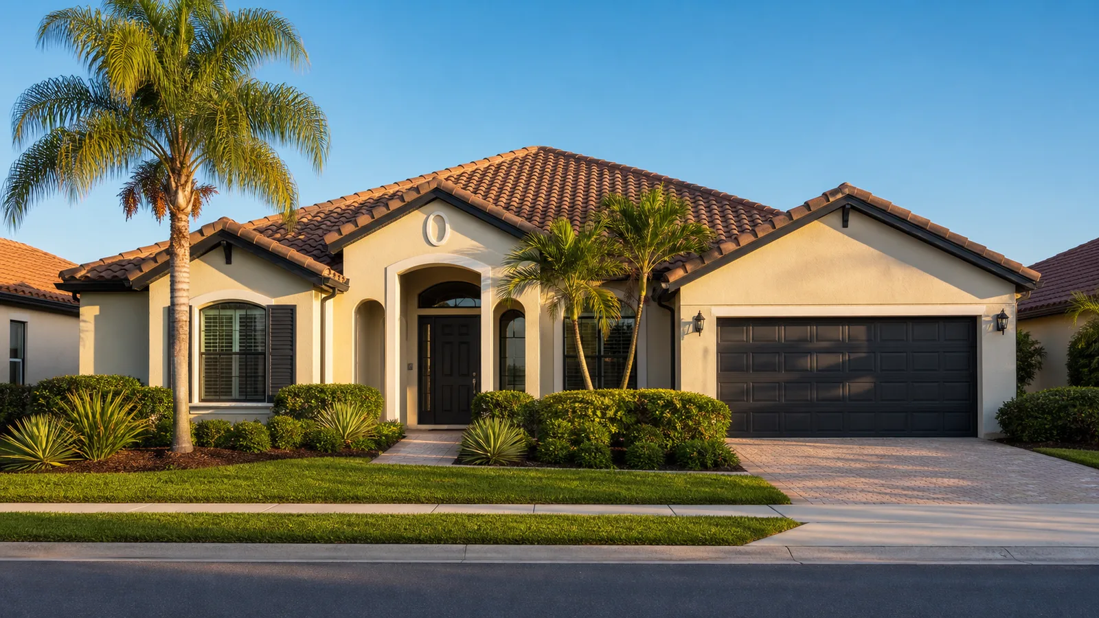 A completed exterior house repaint in Orlando at dusk.
