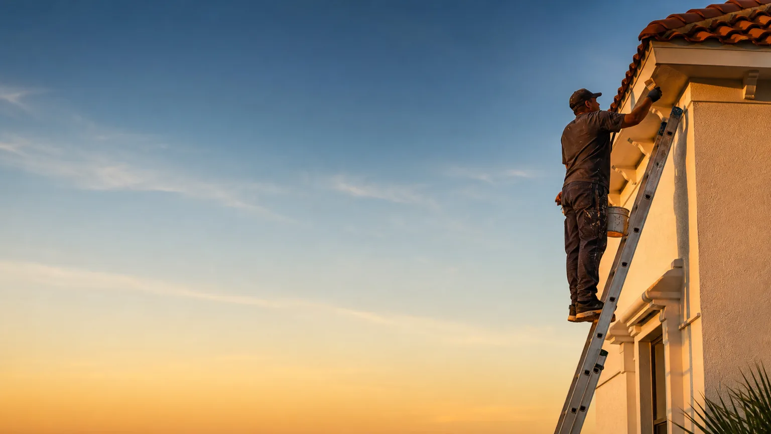A Pro Finish Coatings painter on a ladder cutting in the eaves of a Florida home at golden hour.